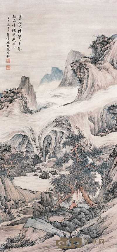 冯超然 1942年作 观瀑图 立轴 94×44cm